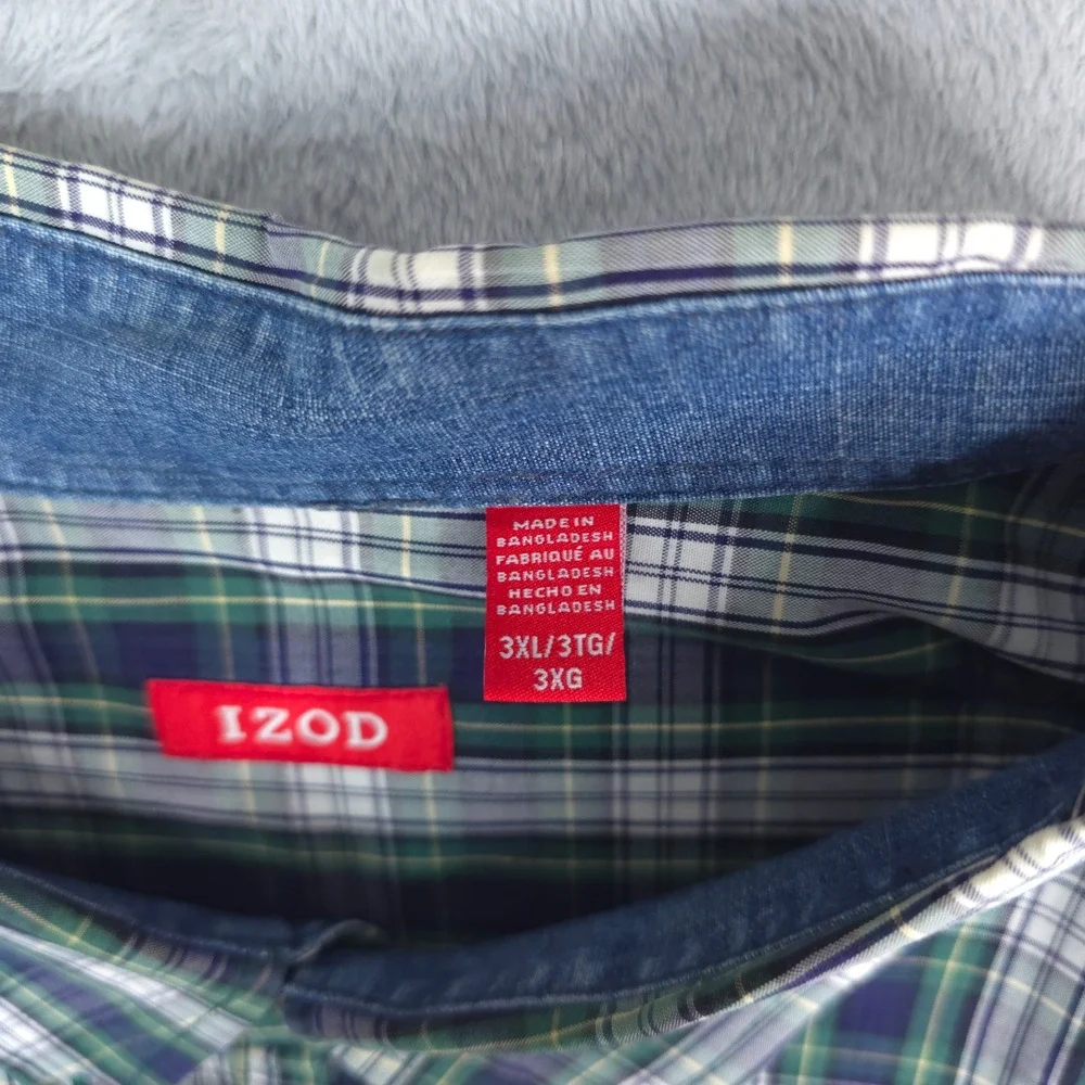 IZOD Button Down Shirt Mens 3XL Green Blue Plaid Long Sleeve Classic Fit